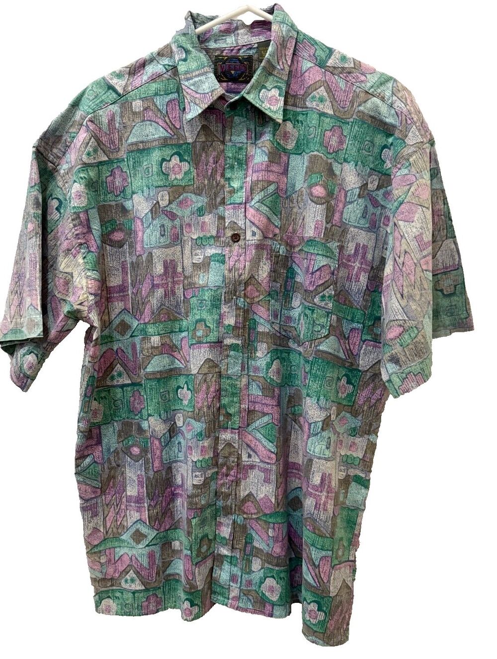 Vtg Weeds Cotton Purple Green Geo Reverse Print Aloha Hawaiian Shirt Mens L